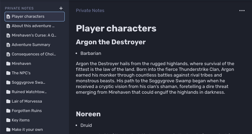 One note with all player character backstories