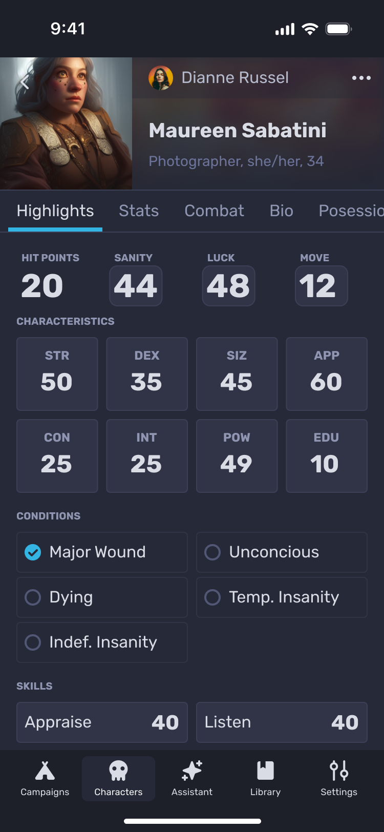 Call of Cthulhu character sheet on mobile.